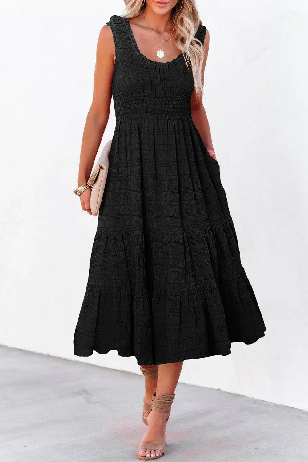 Black Shirred Pleated Square Neck Sleeveless Midi Dress - Sweet Fashion Wholesale