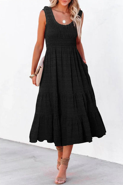 Black Shirred Pleated Square Neck Sleeveless Midi Dress - Sweet Fashion Wholesale