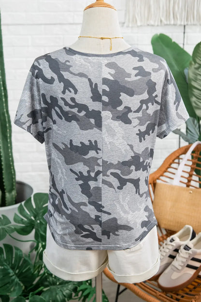 Gray Camouflage Print Round Neck T Shirt - Sweet Fashion Wholesale
