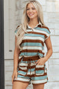White Stripe Button Polo Collar Tee Drawstring Elastic Waist Patchwork 2pcs Short Set - Sweet Fashion Wholesale