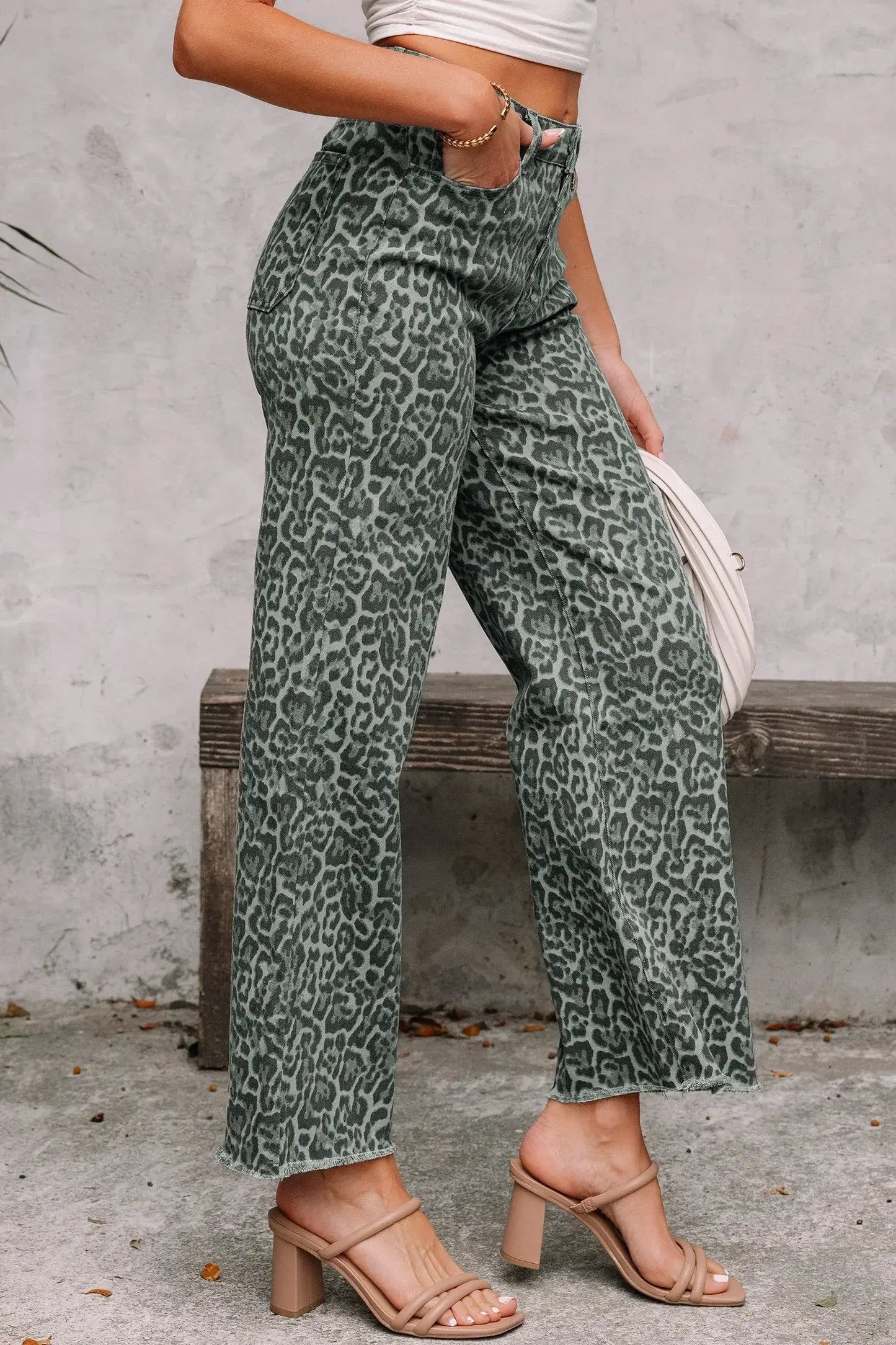 Gray Leopard Frayed Edge Wide Leg High Waist Jeans - Sweet Fashion Wholesale