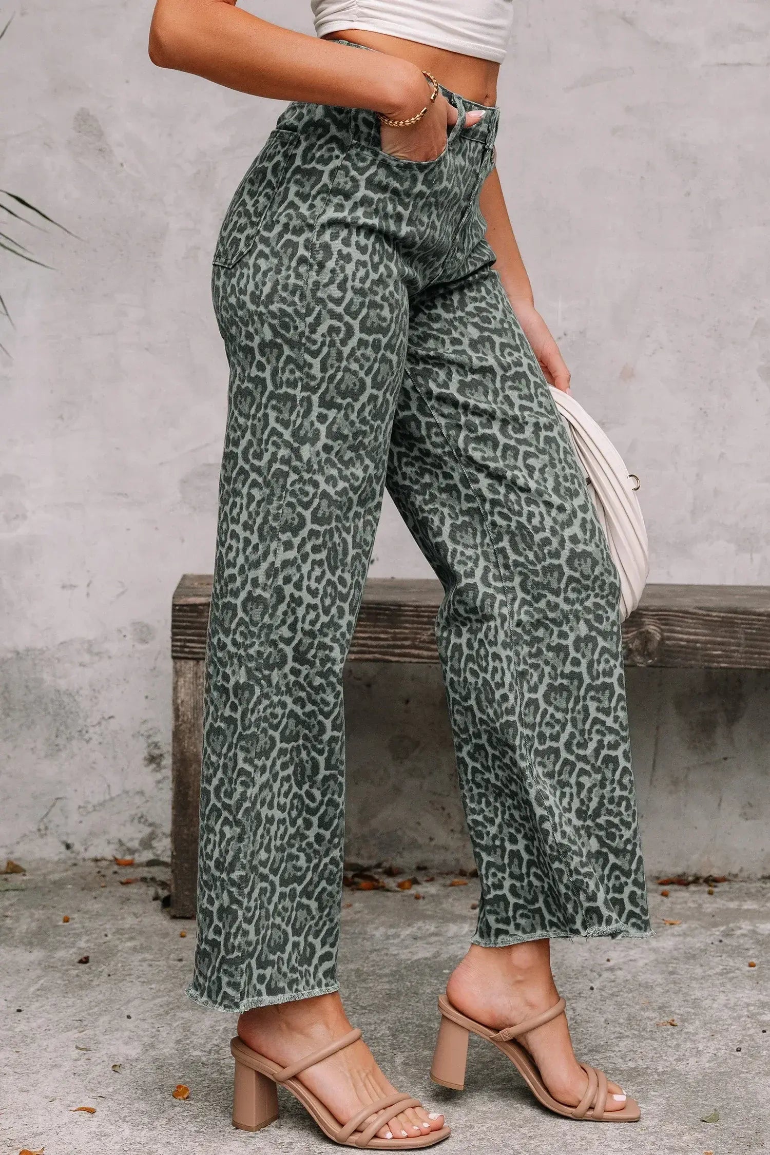 Gray Leopard Frayed Edge Wide Leg High Waist Jeans - Sweet Fashion Wholesale