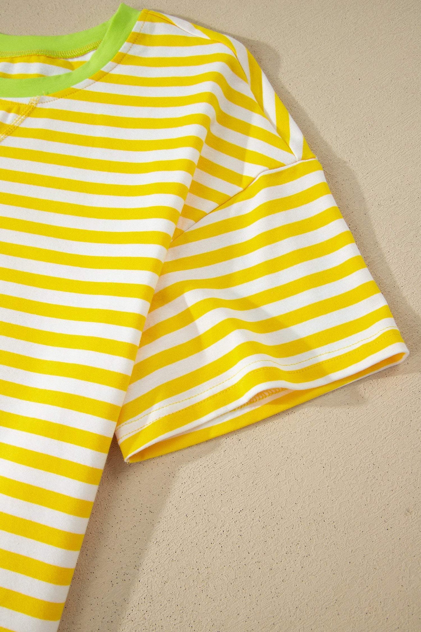 Yellow Stripe Contrast Neck Loose Tee and Drawstring Shorts Set