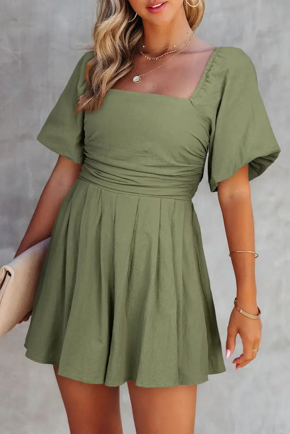 Jungle Green Square Neck Ruched Puff Sleeve Romper - Sweet Fashion Wholesale