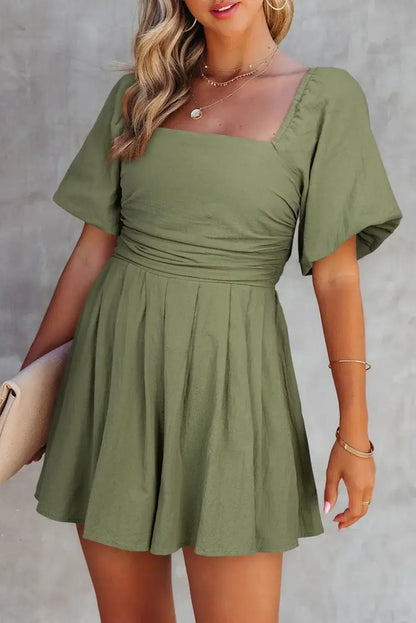 Jungle Green Square Neck Ruched Puff Sleeve Romper - Sweet Fashion Wholesale