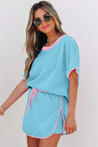 Apricot Colorblock Edge Drop Shoulder T Shirt and Skort 2Pcs Set