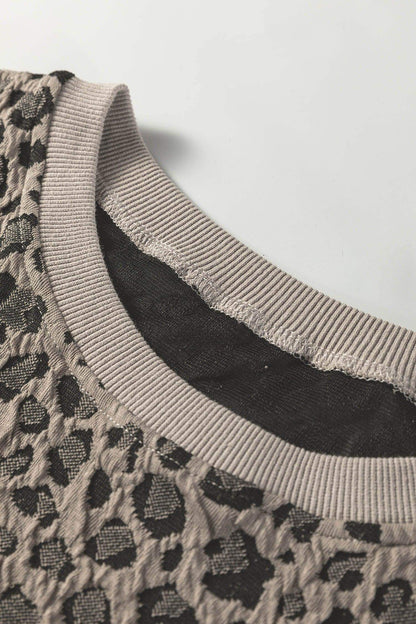 Khaki Textured Leopard Print Crew Neck Short Sleeve Top - Sweet Fashion Wholesale