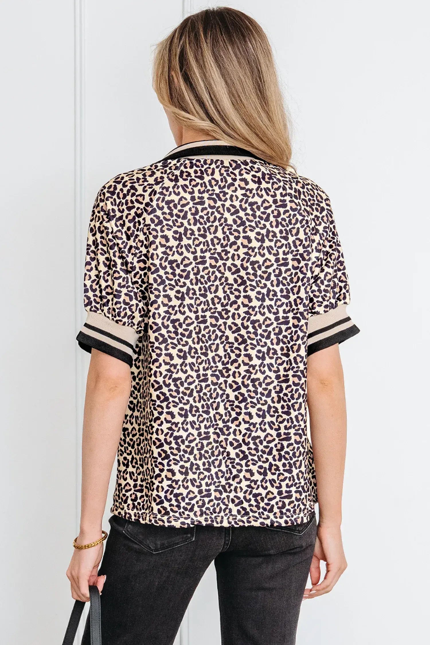 Khaki Leopard Print Half Zip Striped Trim Patchwork Short Sleeve Top - Sweet Fashion Wholesale
