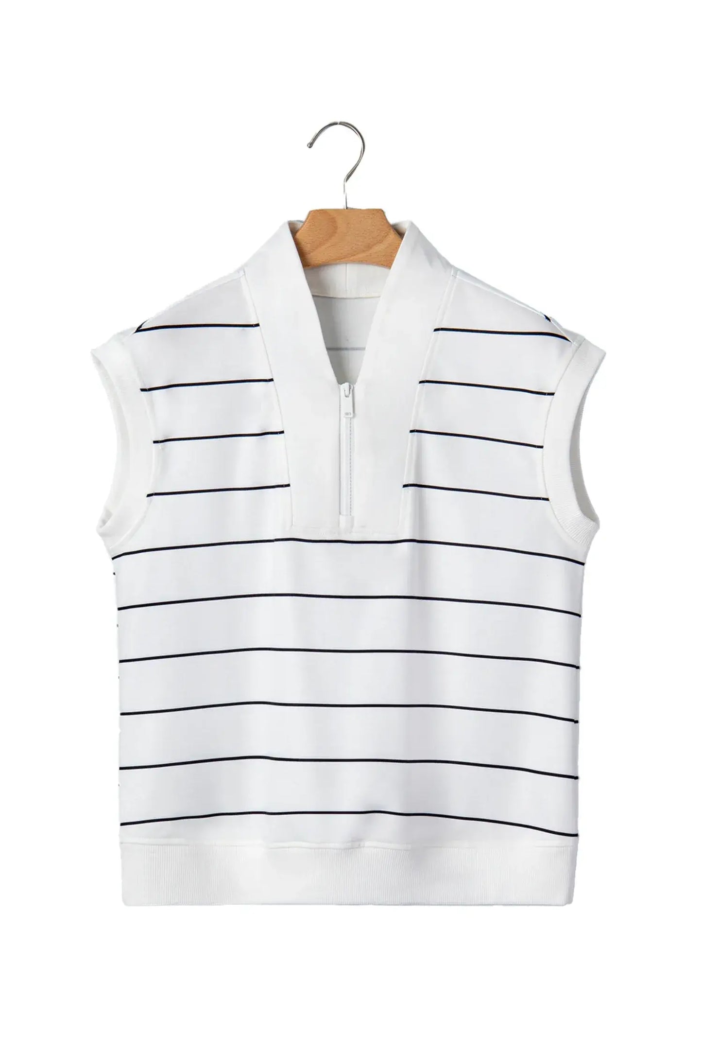 White Stripe Color Block Zip V Neck Sleeveless Top - Sweet Fashion Wholesale