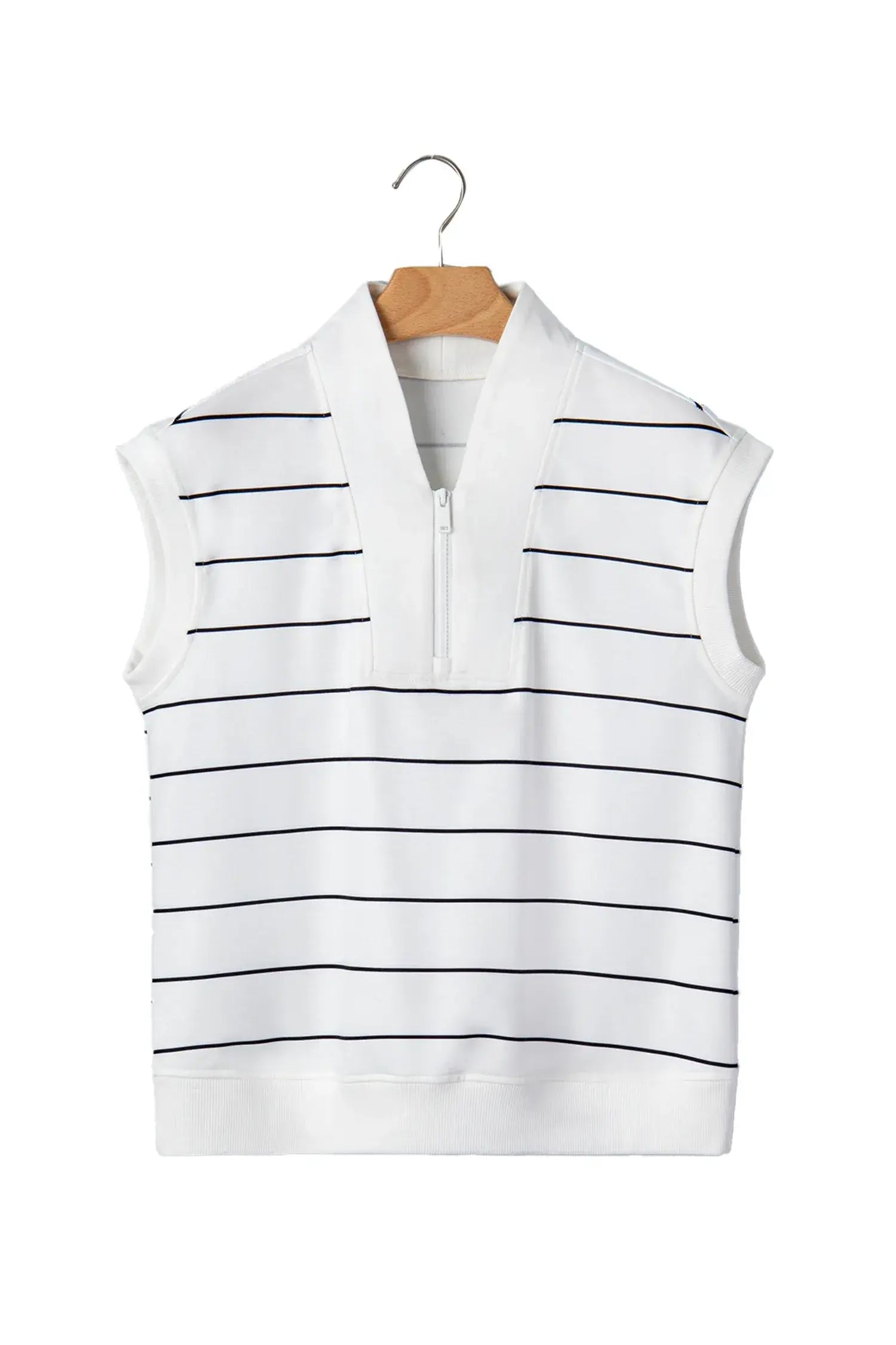 White Stripe Color Block Zip V Neck Sleeveless Top - Sweet Fashion Wholesale