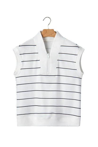 White Stripe Color Block Zip V Neck Sleeveless Top - Sweet Fashion Wholesale