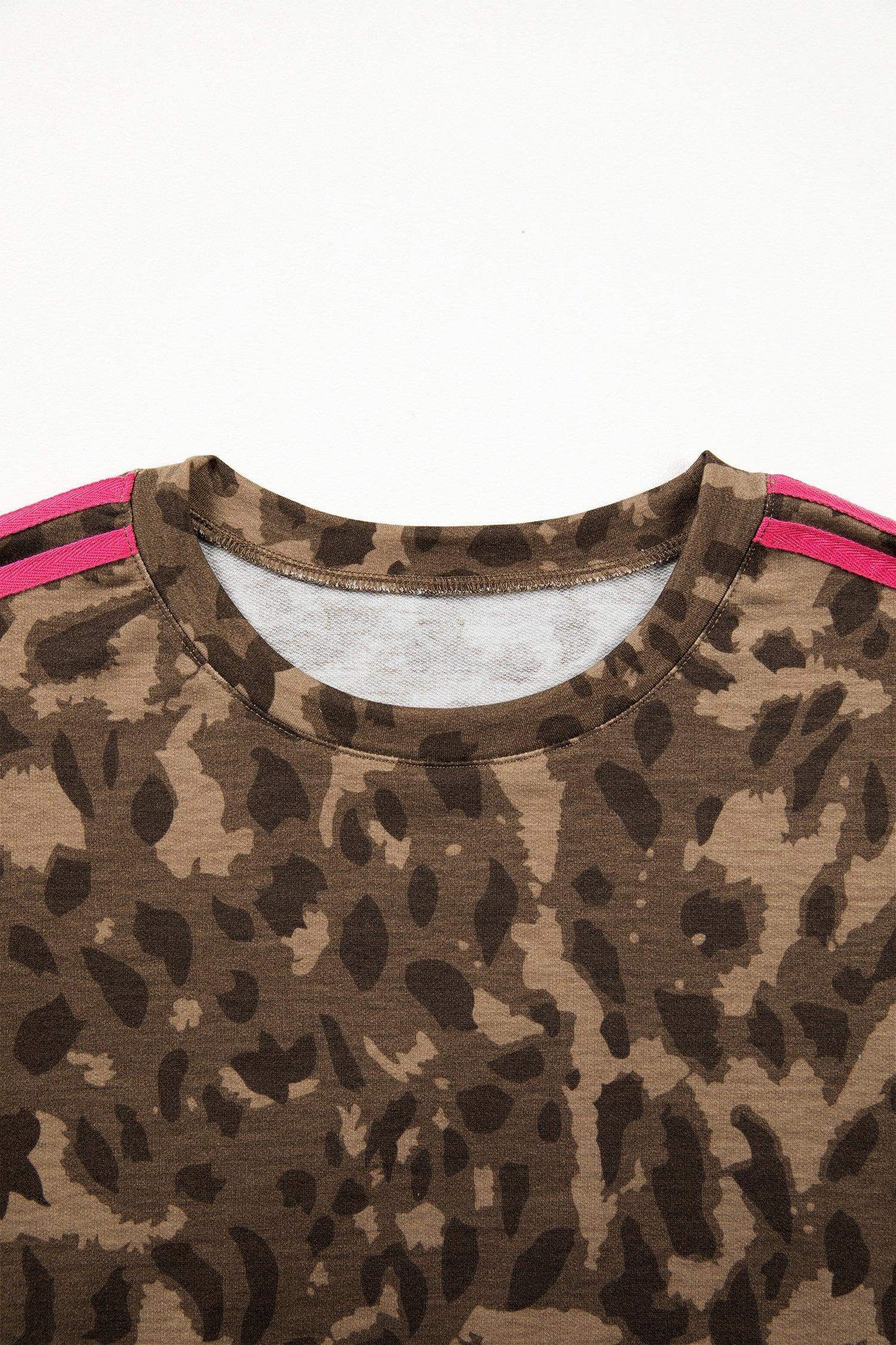 Brown Loose Contrast Striped Accent Leopard T Shirt Mini Dress with Pockets - Sweet Fashion Wholesale