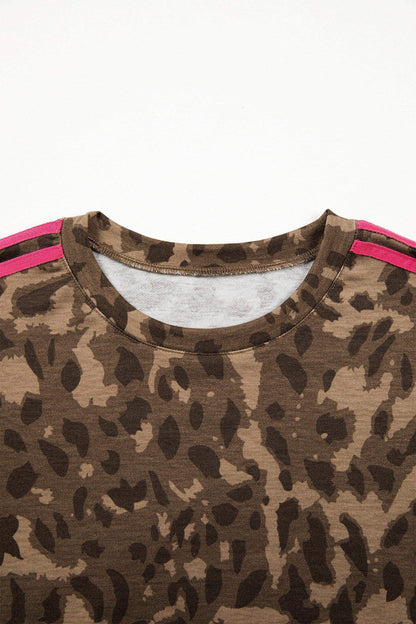 Brown Loose Contrast Striped Accent Leopard T Shirt Mini Dress with Pockets - Sweet Fashion Wholesale