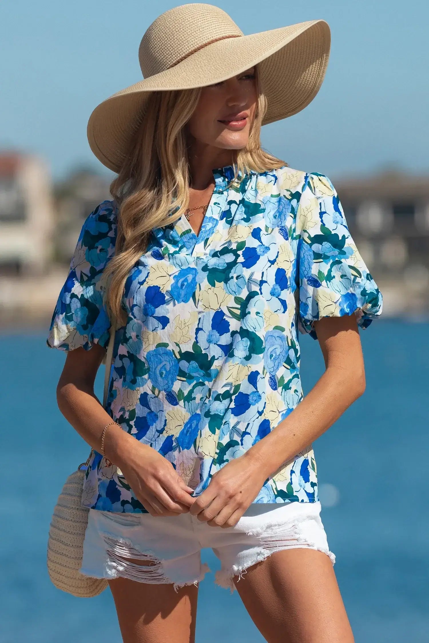 Sky Blue Floral Print Short Puff Sleeve V Neck Blouse - Sweet Fashion Wholesale