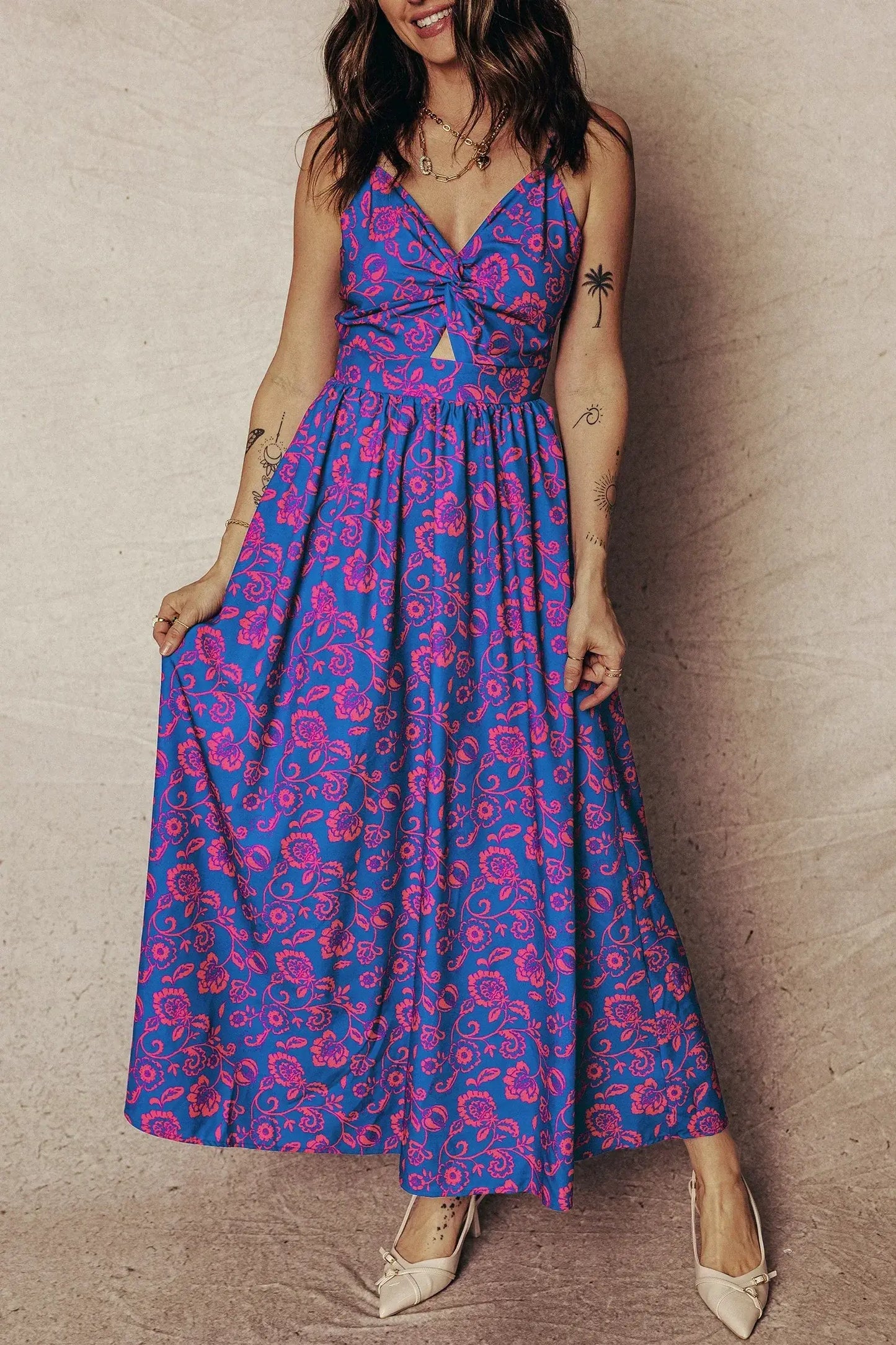 Blue Floral Print Twisted V Neck Tied Backless Maxi Dress - Sweet Fashion Wholesale