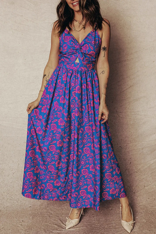 Blue Floral Print Twisted V Neck Tied Backless Maxi Dress - Sweet Fashion Wholesale