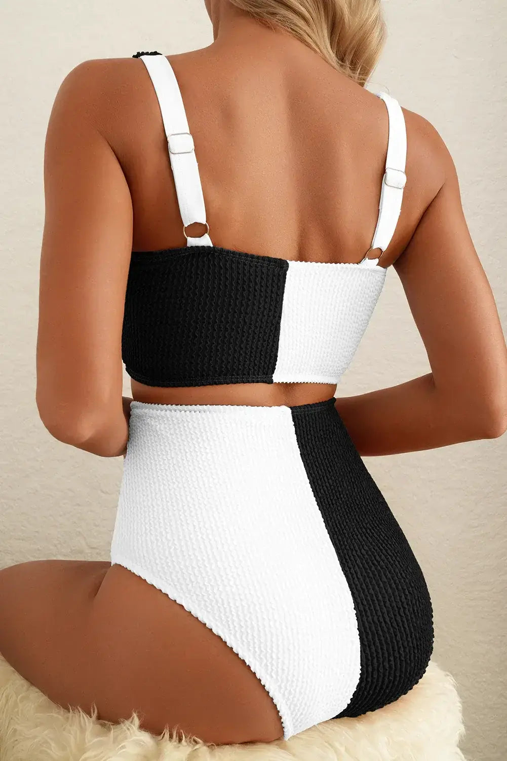White Corded Colorblock Square Neck Bikini Swimsuit - Sweet Fashion Wholesale