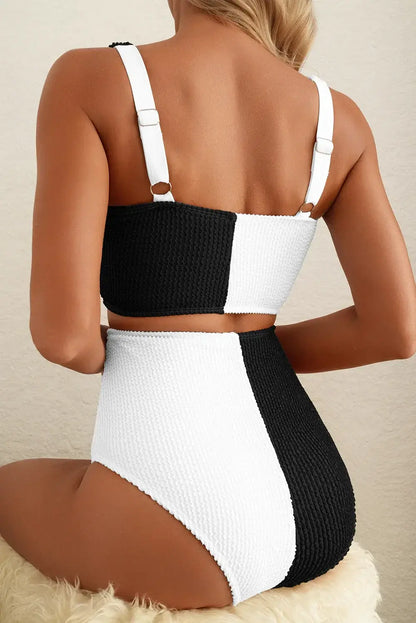 White Corded Colorblock Square Neck Bikini Swimsuit - Sweet Fashion Wholesale