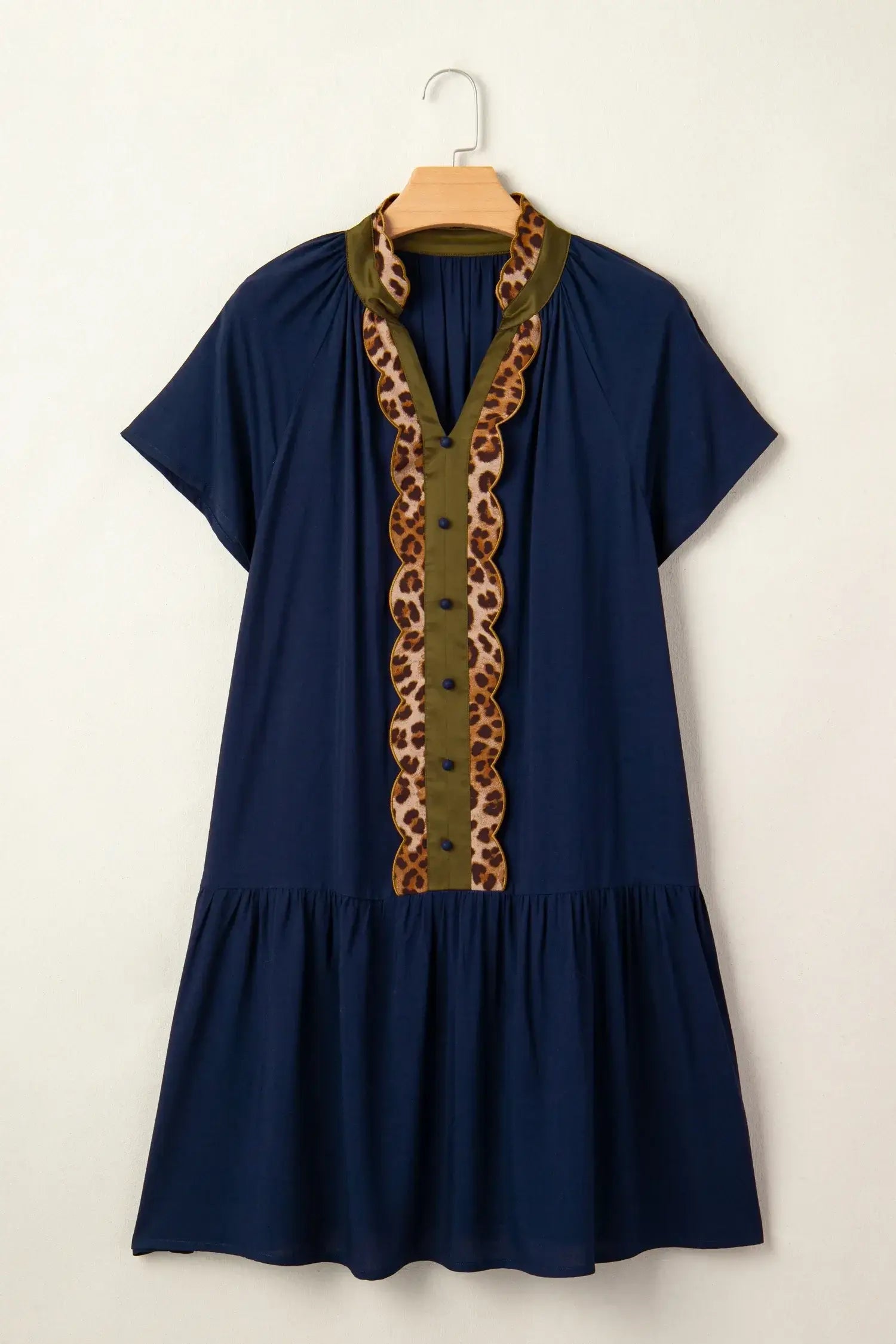 Navy Blue Button Detail Leopard Metallic Trim Short Sleeve Tunic Dress - Sweet Fashion Wholesale