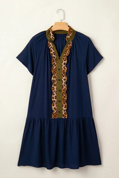 Navy Blue Button Detail Leopard Metallic Trim Short Sleeve Tunic Dress - Sweet Fashion Wholesale