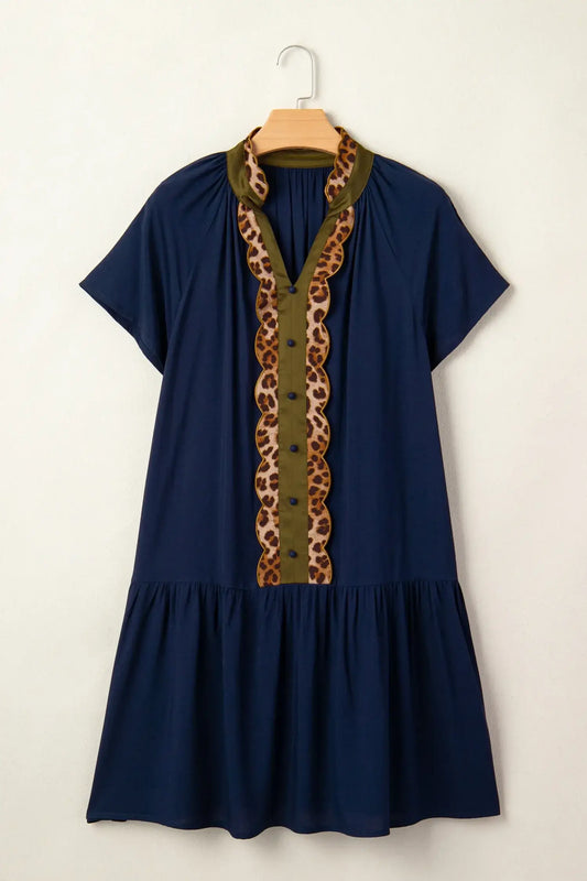 Navy Blue Button Detail Leopard Metallic Trim Short Sleeve Tunic Dress - Sweet Fashion Wholesale