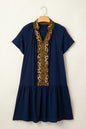 Navy Blue Button Detail Leopard Metallic Trim Short Sleeve Tunic Dress - Sweet Fashion Wholesale