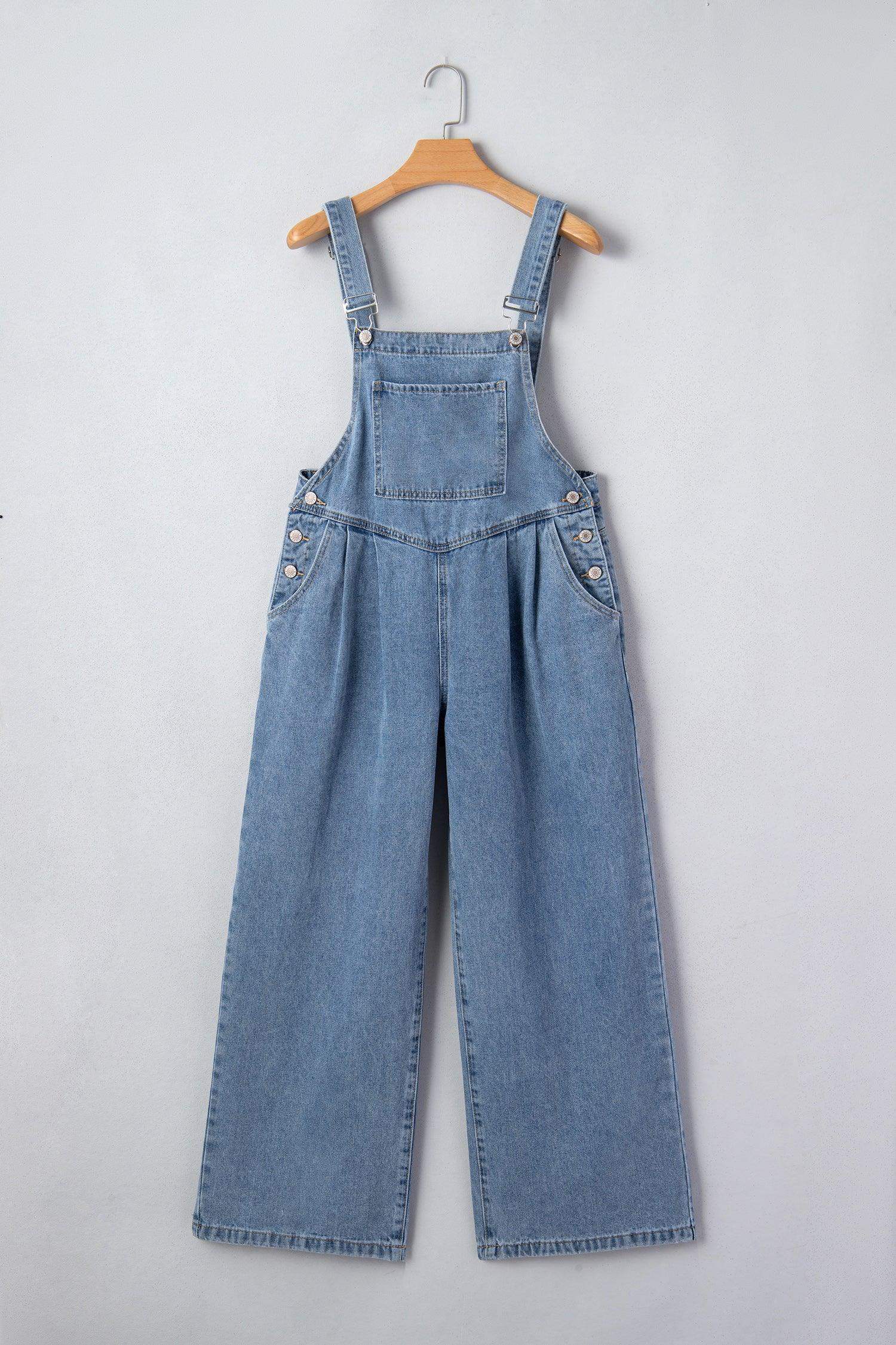 Dusk Blue Pleated Wide Leg Retro Pocketed Denim Jumpsuit - Sweet Fashion Wholesale