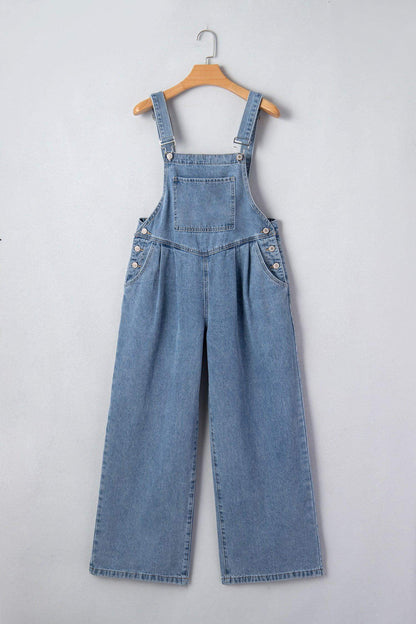 Dusk Blue Pleated Wide Leg Retro Pocketed Denim Jumpsuit - Sweet Fashion Wholesale