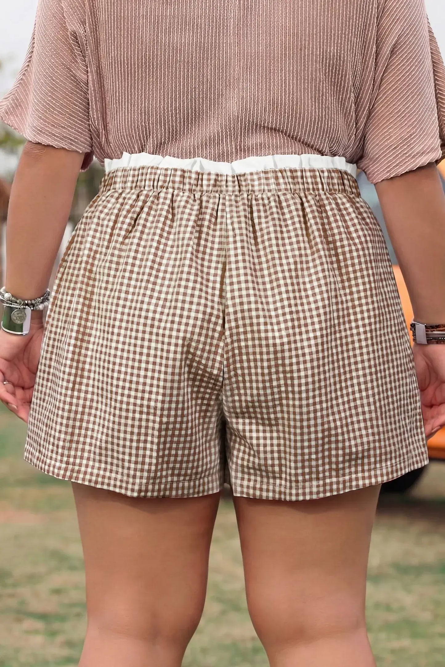 Red Contrast Trim Plaid Print Plus Size Shorts - Sweet Fashion Wholesale