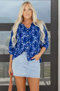 Blue Botanical Print Bracelet Sleeve Notched Neck Blouse