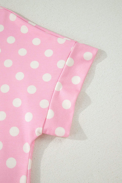 Green Polka Dot Print Color Block Trim Mock Neck Short Set