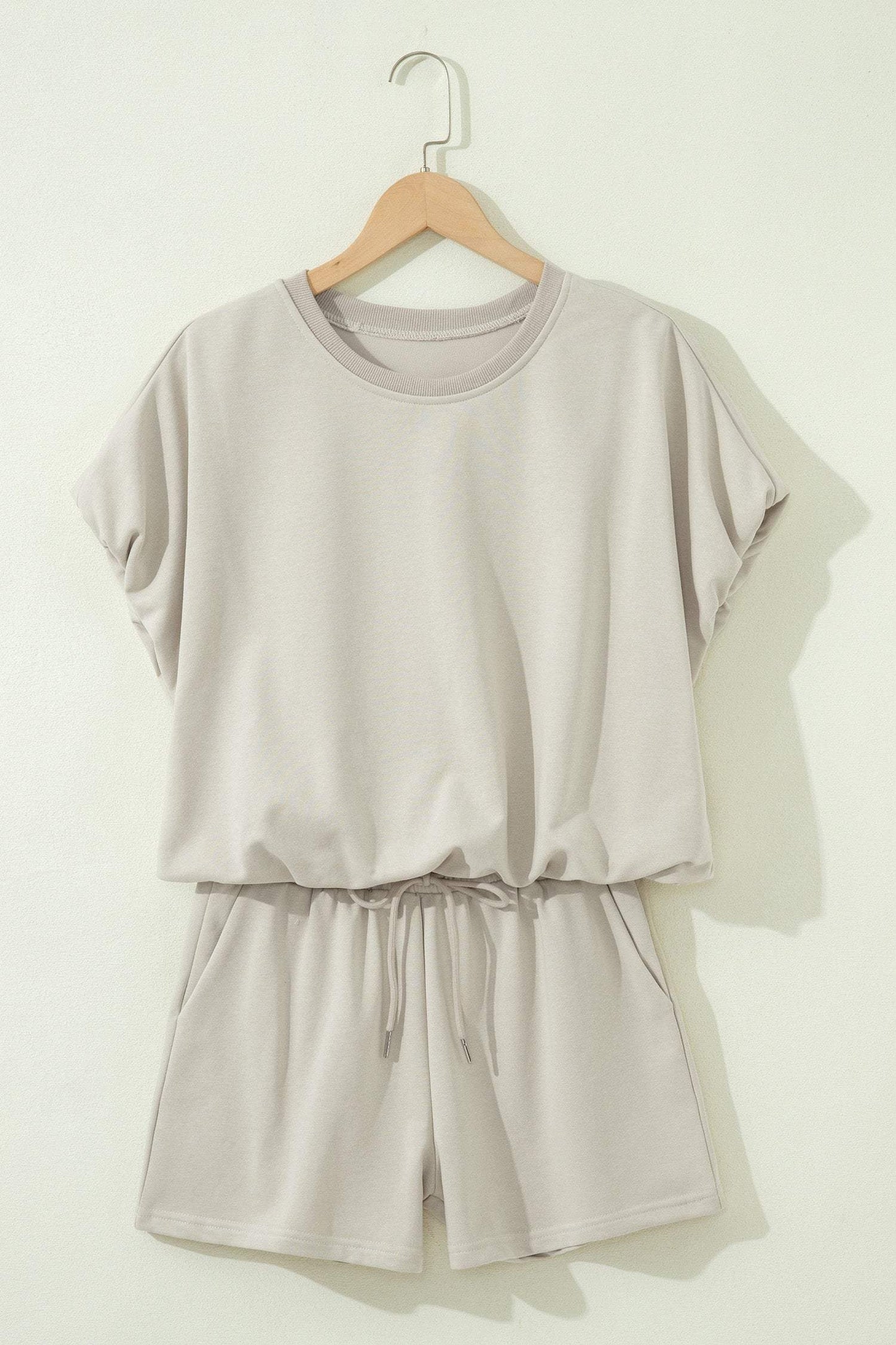 Smoke Gray Solid Color Puffy Loose Top Drawstring Shorts 2pcs Outfit