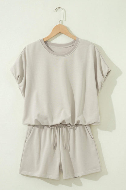 Smoke Gray Solid Color Puffy Loose Top Drawstring Shorts 2pcs Outfit