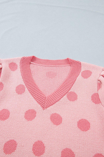 Pink Polka Dot Puff Short Sleeve Sweater Top - Sweet Fashion Wholesale