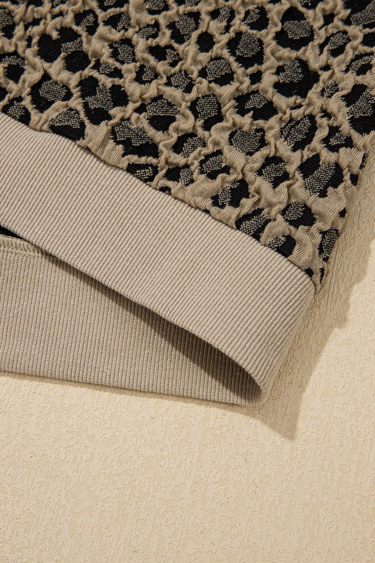 Beige Ribbed Patchwork Collar Cuffed Sleeve Leopard Plus Top - Sweet Fashion Wholesale
