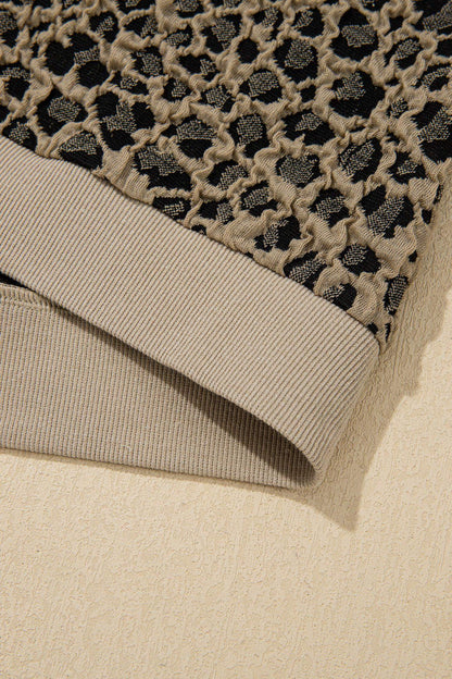 Beige Ribbed Patchwork Collar Cuffed Sleeve Leopard Plus Top - Sweet Fashion Wholesale
