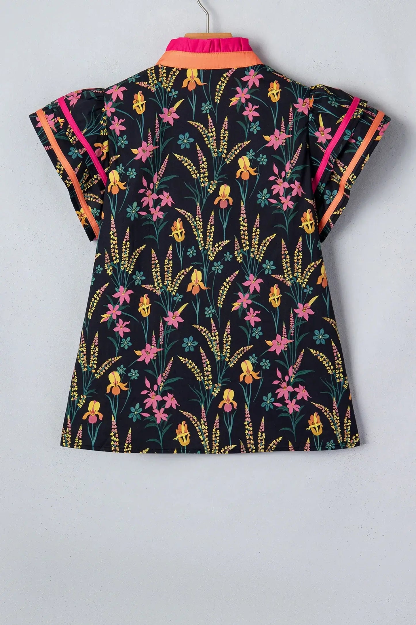 Black Floral Print Contrast Trim Tiered Ruffled Short Sleeve Blouse