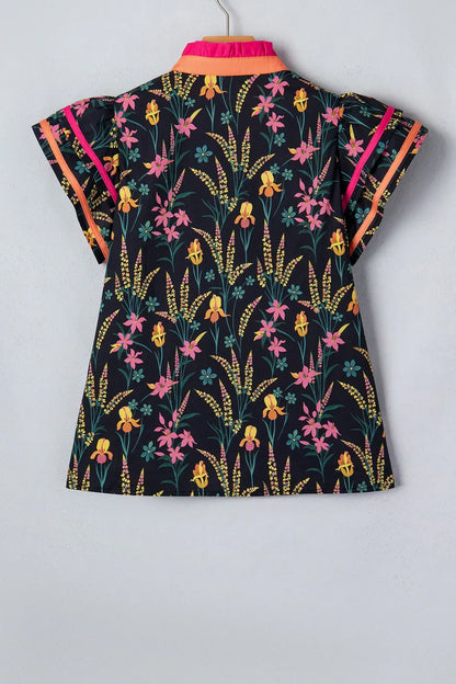 Black Floral Print Contrast Trim Tiered Ruffled Short Sleeve Blouse
