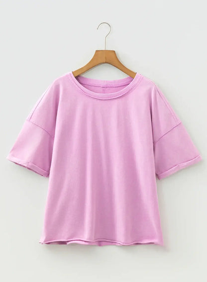 Lavendula Mineral Wash Drop Shoulder Raw Edge Loose Tee - Sweet Fashion Wholesale