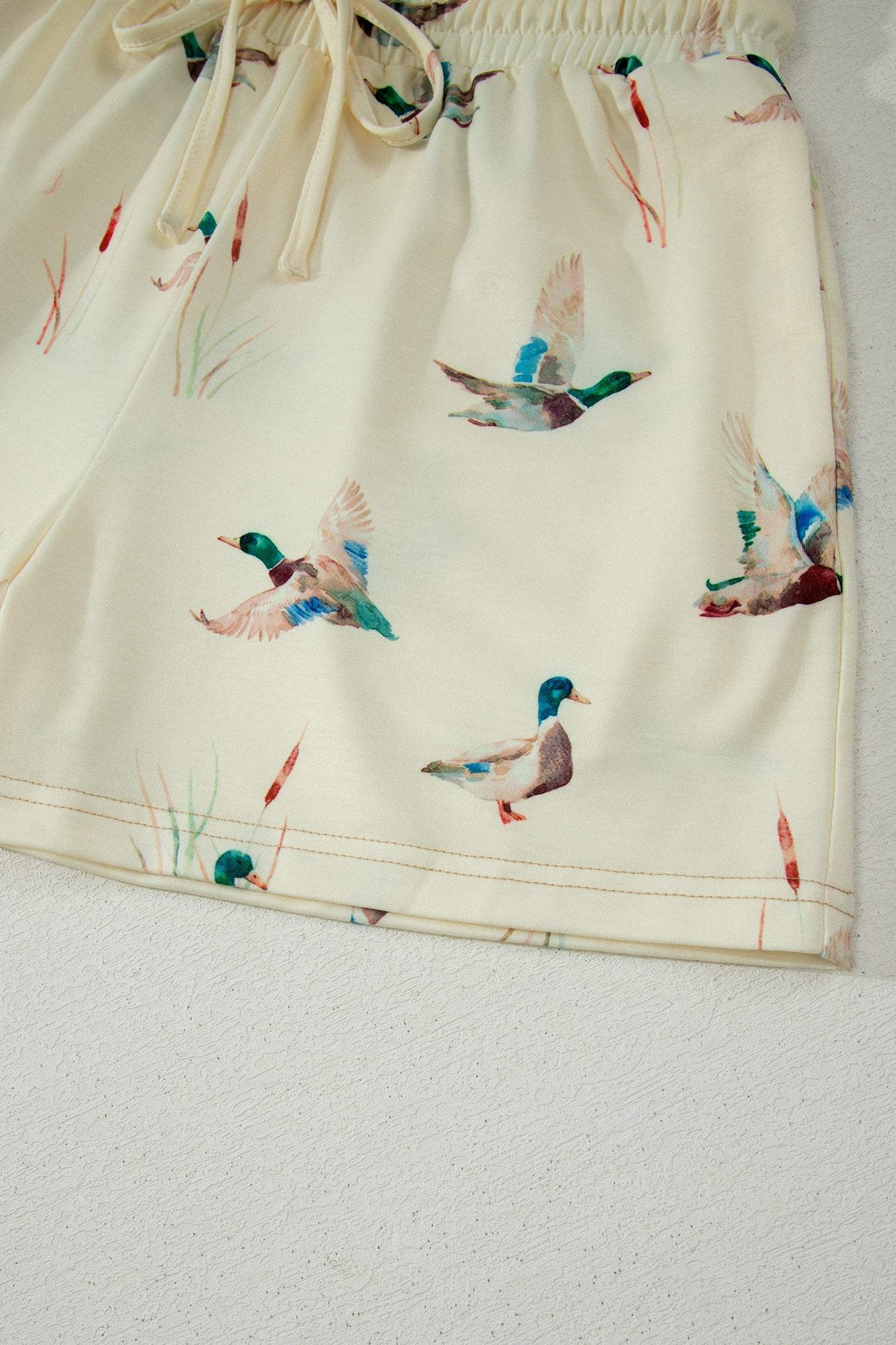 Beige Mallard Duck Print Oversized Tee Drawstring Short Set