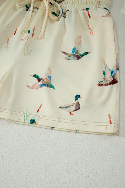 Beige Mallard Duck Print Oversized Tee Drawstring Short Set