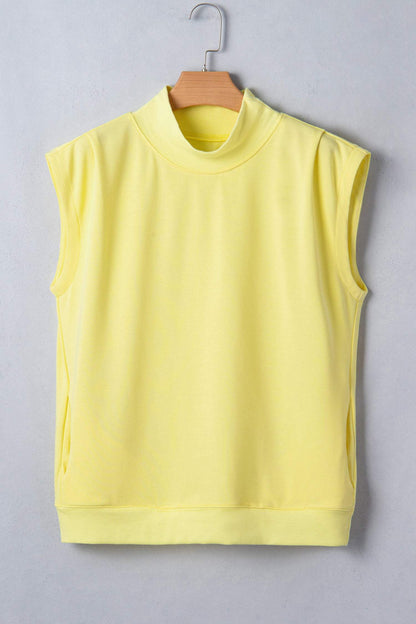 Sky Blue Solid Color High Neck Cap Sleeve Loose Top