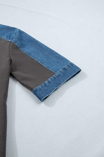 Carbon Grey Color Block Denim Patchwork Polo Collar T Shirt Shift Dress