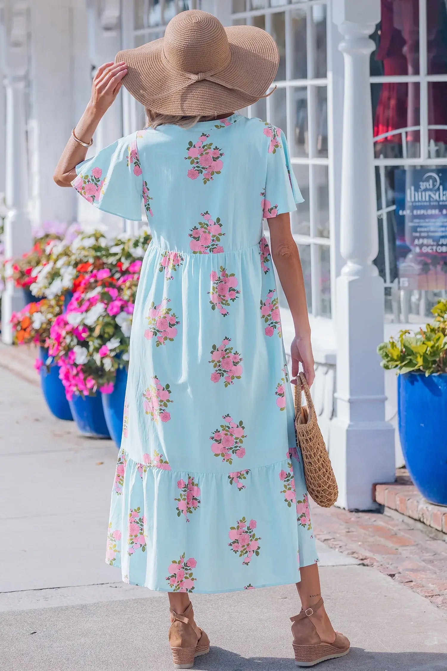 Sky Blue Notched Neck Flutter Short Sleeve Floral Print Maxi Dress - Sweet Fashion Wholesale