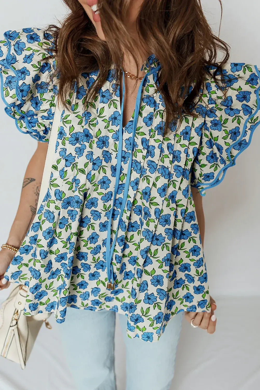 Sky Blue Tiered Flutter Sleeve Pleated Flower Blouse - Sweet Fashion Wholesale