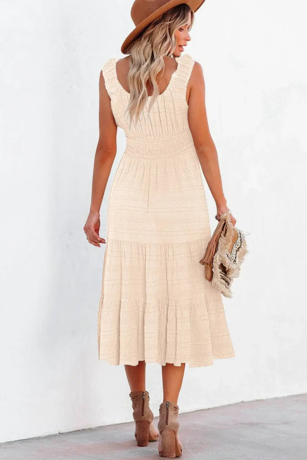 Black Shirred Pleated Square Neck Sleeveless Midi Dress - Sweet Fashion Wholesale
