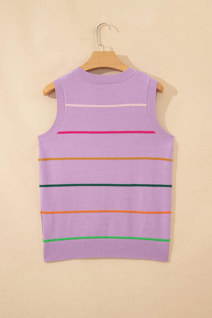 Purple Stripe Round Neck Knitted Sweater Tank