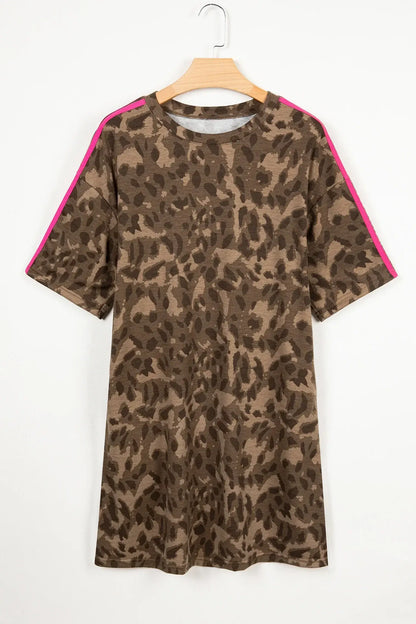 Brown Loose Contrast Striped Accent Leopard T Shirt Mini Dress with Pockets - Sweet Fashion Wholesale