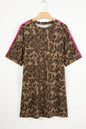 Brown Loose Contrast Striped Accent Leopard T Shirt Mini Dress with Pockets - Sweet Fashion Wholesale
