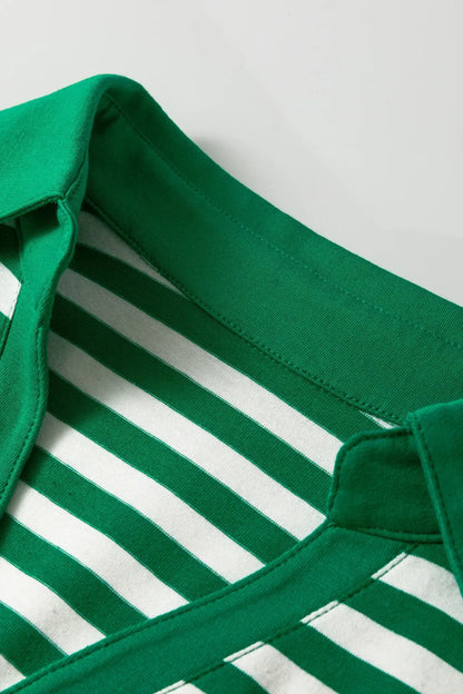 Green Stripe Collared V Neck Short Puff Sleeve Top - Sweet Fashion Wholesale